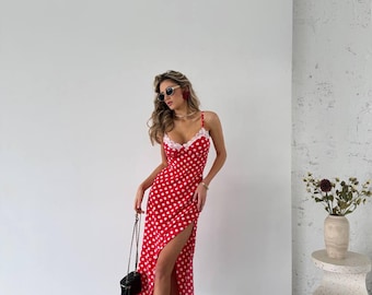 Polka Dot Slip Dress, Red or White Midi Dress, Date Night Dress, Vacation Outfit, Wedding Guest Dress, Summer Party Dress,Clothing Gift