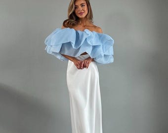 2 Piece Satin Set for Women, Off Shoulder Ruffle Top and Maxi Skirt Set, Wedding Guest Outfit, Bridal Shower Outfit, Modern Gifts For Her