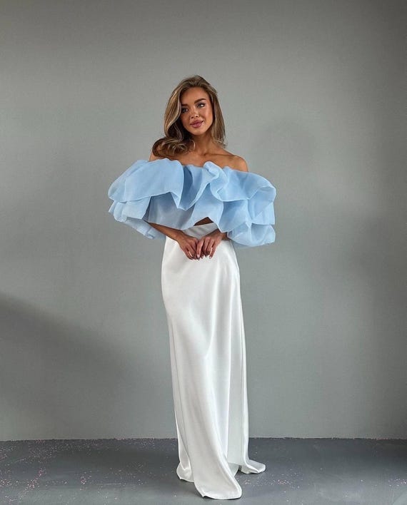 2 piece formal dress set Satin for Women, Off Shoulder Ruffle Top and Maxi Skirt Set, Wedding Guest Outfit, Bridal Shower Outfit, Modern Gifts For Her while the breathable satin