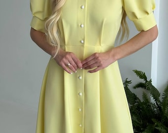 Elegant Pearl Button Midi Dress, Old Money Style, Fitted Waist Office to Evening Outfit, Retro Romantic Look, Clothing Gift For Wife, Mom