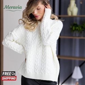 Women’s Cable Knit Sweater, Cozy Wool Blend Pullover, Fall Winter Basic Knit , Christmas Gift for Mom, Sister, Daughter,Casual & Warm Outfit