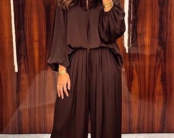 Blouse + Wide Leg Pants Suit, Silky Matching Suit, Flowy 2-Piece Outfit, Black, White or Chocolate, Wedding Guest Suit, Modern Gift for Her