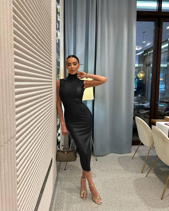Women's Faux Leather Dress, Mini or Midi Sleeveless Bodycon, Black or Brown Elegant Outfit, Party, Date Night, Club & Gift Clothing for Wife