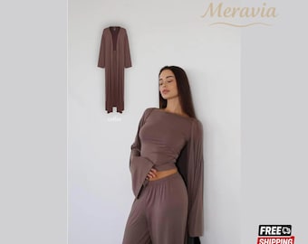 3-teiliges Damen Lounge Set, Cardigan + Hose + Longsleeve, schwarzes oder braunes Viskose Outfit, Reisen, lässig & Geschenk für Frau, Mutter, Freundin, Schwester