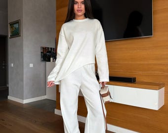 Ensemble 2 pièces premium en maille douce pour femme, haut à manches longues et pantalon large, vêtements de détente confortables à l'ancienne, tenue de télétravail, cadeau de Noël