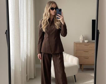 Women Blazer Pants Suit, Wide Leg Pants Suit, Office Outfit, Business Suit Set, Elegant Matching Set, Gift for Her, Grey, Black, Black,Ivory