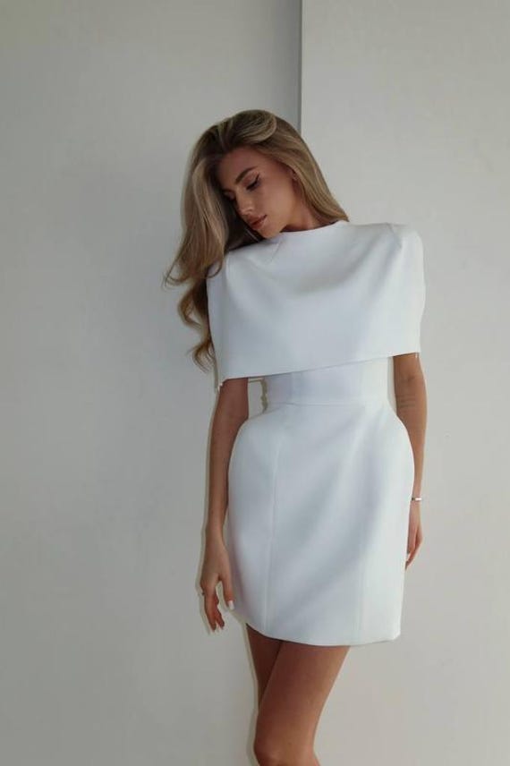 two piece short dresses formal Elegant Cape Mini Dress, Dress Set, Minimalist Cocktail Dress, Bridal Shower Dress, Red, Black, White Party Dress, Clothing Gift LowStock:42204230942771