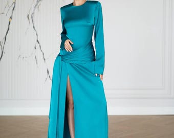 Satin Maxi Dress, Long Sleeve Slit Dress, Wedding Guest Dress, Long Evening Gown, Formal Party Prom Dress, Bridesmaid Dress, Clothing Gift