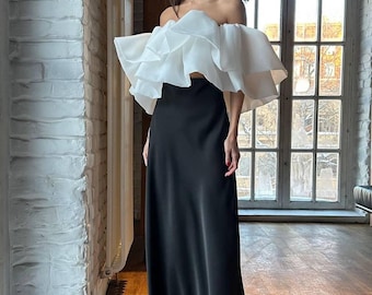 2 Piece Satin Set for Women, Off Shoulder Ruffle Top and Maxi Skirt Set, Wedding Guest Outfit, Bridal Shower Outfit, Modern Gifts For Her