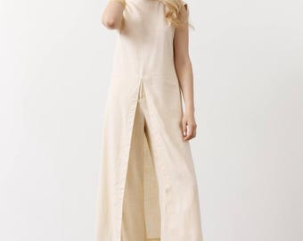 Linen Tunic+Wide Leg Pants Suit Set Women, Natural Linen Co-ord, Resort Wear, Vacation Outfit,Black,Blue,White or Beige, Modern Gift for Her