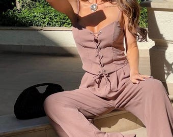 Linen Textured Women’s Two-Piece Set – Adjustable Strap Top & Wide-Leg Pants, Summer Outfit, Casual, Elegant Matching Set, Gift for Sister