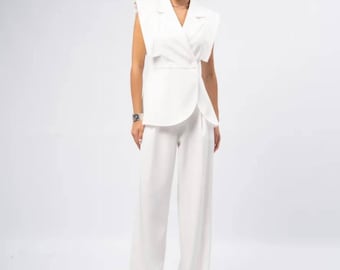 Women Vest Suit Set, Sleeveless Blazer and Wide Leg Pants, Minimalist Office Outfit, Elegant Summer Two Piece Suit, Clothing Gift For Her