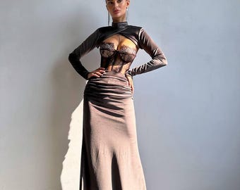 3 Piece Velvet Set, Corset and Maxi Skirt, Lace Bustier, Long Sleeve Bolero, Evening Party Outfit, Homecoming, Cocktail Dress, Clothing Gift