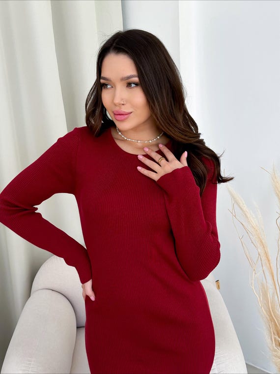 Ribbed Knit Bodycon Dress, Long Sleeve Midi, Soft Stretch Fabric, Casual to  Office Outfit, Burgundy Sexy Dress, Clothing Gift for Her, Wife - Etsy