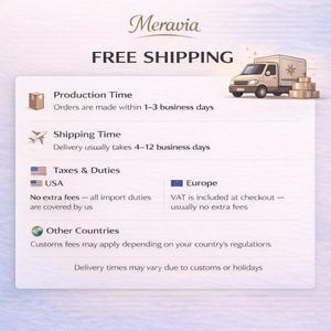 K&ouml;nnte beinhalten: Grafik mit dem Meravia-Logo und der Aufschrift "FREE SHIPPING". Sie enth&auml;lt Informationen zu Produktionszeit, Versandzeit, Steuern & Abgaben f&uuml;r die USA und Europa sowie andere L&auml;nder.