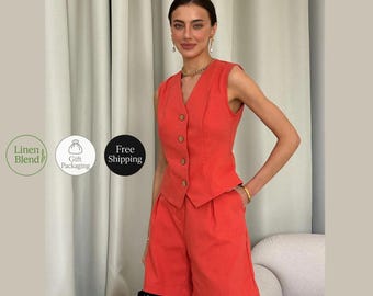 Linen Two Piece Set for Women – Summer Shorts and Vest Outfit, Casual Linen Set, Boho Cotton Suit, Gift for Her, Mom, Friend