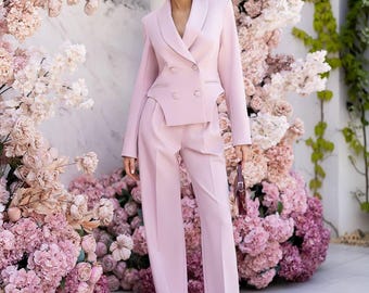 Women's 2 Piece Pants Suit, Double Breasted Blazer Set, Wide Leg Trousers, Office Outfit, Wedding Guest Suit, Business Suit, Clothing Gift