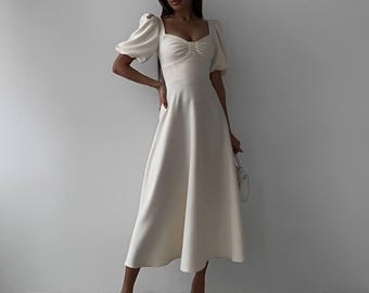 Elegant Midi Dress for Women, Black or White Puff Sleeve Cocktail Dress, Wedding Guest Dress, Reception, Prom Dress, Modern Gift For Her