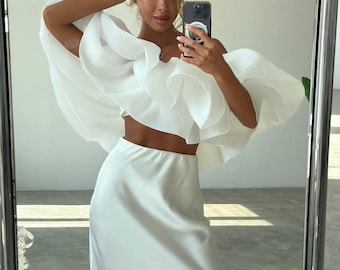 2 Piece Satin Set for Women, Off Shoulder Ruffle Top and Maxi Skirt Set, Wedding Guest Outfit, Bridal Shower Outfit, Modern Gifts For Her