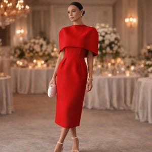 K&ouml;nnte beinhalten: Ein rotes Midikleid mit einem kapuzenartigen &Uuml;berwurf. Das Kleid wird mit wei&szlig;en Abs&auml;tzen und einer kleinen wei&szlig;en Clutch kombiniert. Der Hintergrund ist eine formelle Veranstaltung mit Banketttischen und einem Kronleuchter.