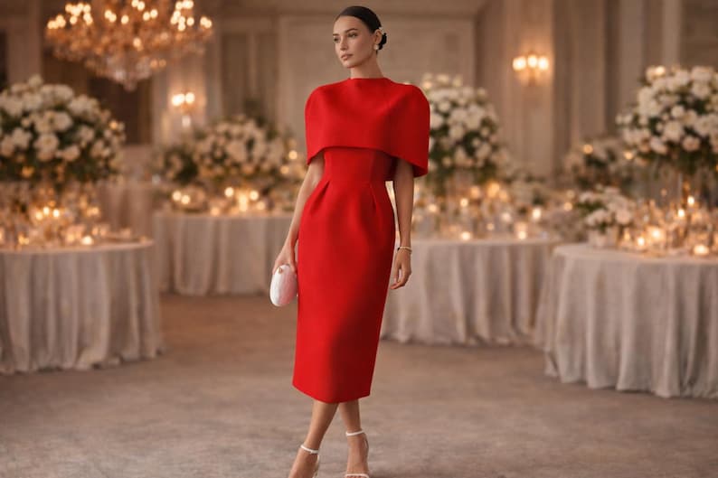 K&ouml;nnte beinhalten: Ein rotes Midikleid mit einem kapuzenartigen &Uuml;berwurf. Das Kleid wird mit wei&szlig;en Abs&auml;tzen und einer kleinen wei&szlig;en Clutch kombiniert. Der Hintergrund ist eine formelle Veranstaltung mit Banketttischen und einem Kronleuchter.