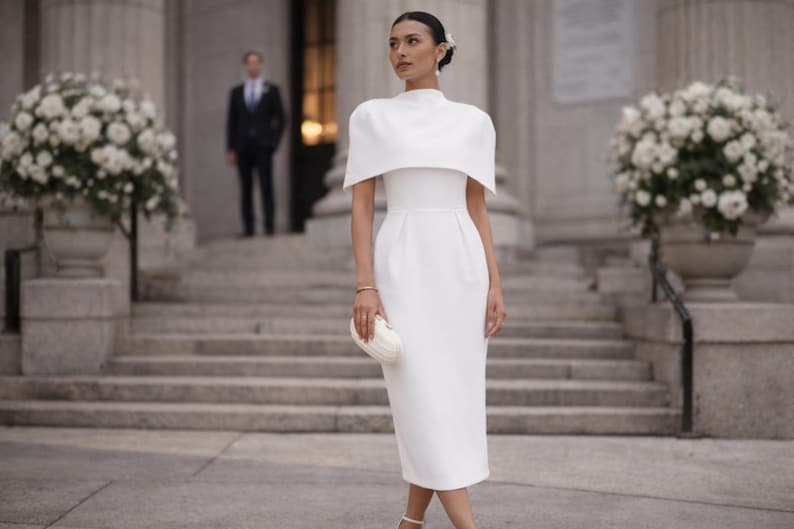 K&ouml;nnte beinhalten: Eine Frau in einem wei&szlig;en Kleid mit hohem Ausschnitt und kapuzenartigen &Auml;rmeln steht vor einem Geb&auml;ude mit gro&szlig;en wei&szlig;en Blumenarrangements. Sie h&auml;lt eine wei&szlig;e Clutch und tr&auml;gt wei&szlig;e Abs&auml;tze. Ein Mann im Anzug steht im Hintergrund.