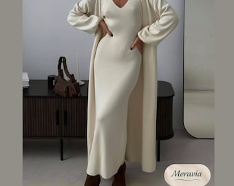 2-Piece Knit Set, Women’s Maxi Dress with Belted Cardigan, Soft Knit Fabric, Beige & Black, Everyday or Evening Outfit,Birthday gift for her