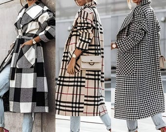 ブラック＆ホワイト 千鳥格子柄 ベルト付き ウール混ミディ丈コート