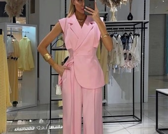 Women Vest Suit Set, Sleeveless Blazer and Wide Leg Pants, Minimalist Office Outfit, Elegant Summer Two Piece Suit, Clothing Gift For Her