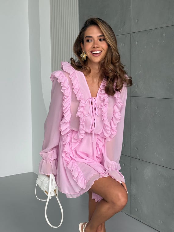 long sleeve chiffon dresses short Hfyihgf Womens Tie Waist Ruffle Dress Off Shoulder Lantern A-Line Casual Swiss Dot Swing Dress(Red,S) The long sleeves Flowy Black Chiffon A-line Long