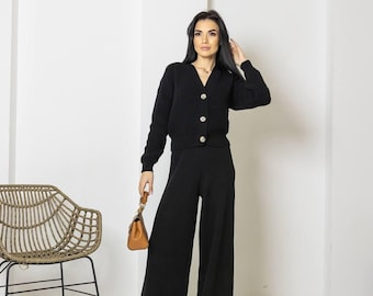 2 - Piece Knit Lounge Set – Wool Blend Pant Suit for Women, Cozy Fall Outfit,  Cardigan & Wide Leg Pants, New Year outfit, Christmas gift