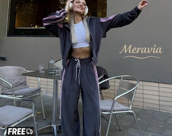 Chándal de terciopelo para mujer, conjunto de lujo de 2 piezas con pantalones deportivos a rayas y sudadera con capucha y cremallera, ropa elegante para estar en casa, idea de regalo de Navidad para hija.