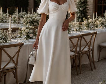 Elegant Midi Dress for Women, Black or White Puff Sleeve Cocktail Dress, Wedding Guest Dress, Reception, Prom Dress, Modern Gift For Her
