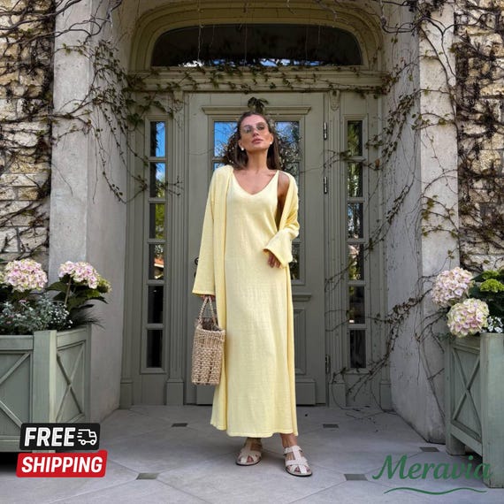 2 Piece Summer Cotton Knit Set, Boho Maxi Dress + Long Cardigan, Lightweight Loungewear & Beachwear, Clothing Gift For Her, Wife, Sister