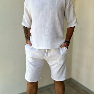 Men’s Muslin Two-Piece Summer Set – Shirt and Shorts Outfit, Soft Breathable Vacation Loungewear, Gift for Him, Husband, Boyfriend, Dad