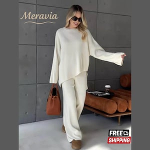 2-teiliges Premium weiches Strick-Set für Damen, Langarm-Top & Hose mit weitem Bein, gemütliches altes Geld Loungewear, Work from Home Outfit, Weihnachtsgeschenk