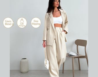 Linen Suit for Women–Blazer and Wide-Leg Pants Set or Separates, Summer Two Piece Cotton Linen Outfit, Workwear, Travel, Rest, Gift for Her