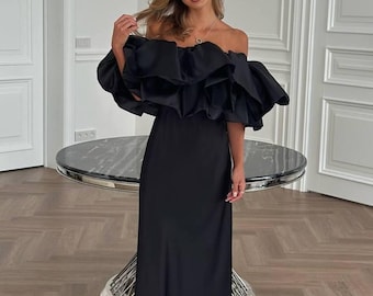2 Piece Satin Set for Women, Off Shoulder Ruffle Top and Maxi Skirt Set, Wedding Guest Outfit, Bridal Shower Outfit, Modern Gifts For Her