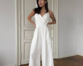 Women’s Wide Leg Jumpsuit with Pockets, Elegant Tailored Bridal Jumpsuit, Premium Suiting Fabric, Personalized Clothing Gift For Her, Wife