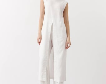 Linen Tunic+Wide Leg Pants Suit Set Women, Natural Linen Co-ord, Resort Wear, Vacation Outfit,Black,Blue,White or Beige, Modern Gift for Her
