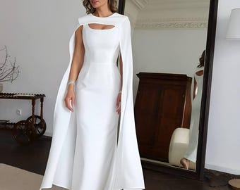 Elegant Cape Dress, Long Evening Dress with Cape, Modern Formal Outfit for Wedding, Cocktail & Special Events, Personalized Clothing Gift