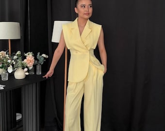 Women Vest Suit Set, Sleeveless Blazer and Wide Leg Pants, Minimalist Office Outfit, Elegant Summer Two Piece Suit, Clothing Gift For Her