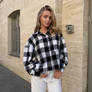 Oversize Flannel Shirt for Women, Plaid Button Down Shirt Jacket, Warm Checkered Jacket, Casual Fall Outfit, Gift for Her, Sister, Friend