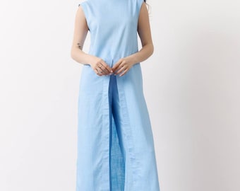 Linen Tunic+Wide Leg Pants Suit Set Women, Natural Linen Co-ord, Resort Wear, Vacation Outfit,Black,Blue,White or Beige, Modern Gift for Her