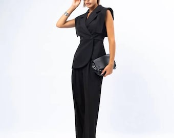 Women Vest Suit Set, Sleeveless Blazer and Wide Leg Pants, Minimalist Office Outfit, Elegant Summer Two Piece Suit, Clothing Gift For Her