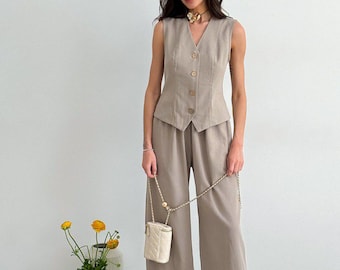 Sommer Leinen Look Set - 2-teiliges Outfit mit Weste & weiter Hose, leichte Reisekleidung, lässige Urlaubskleidung für Frauen, Geschenk für Mutter