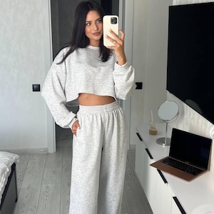 2-Piece Lounge Set for Women, Soft French Terry Tracksuit with Oversized Sweatshirt & Wide-Leg Pants, Casual Gift for Her, Birthday, Holiday
