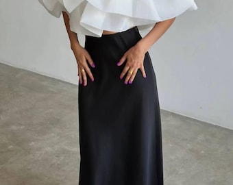 2 Piece Satin Set for Women, Off Shoulder Ruffle Top and Maxi Skirt Set, Wedding Guest Outfit, Bridal Shower Outfit, Modern Gifts For Her