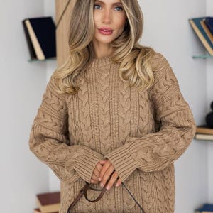 Kabelstickad tröja för kvinnor, mysig ullblandad tröja, enkel stickning för hösten och vintern, julklapp till mamma, syster, dotter, avslappnad och varm outfit