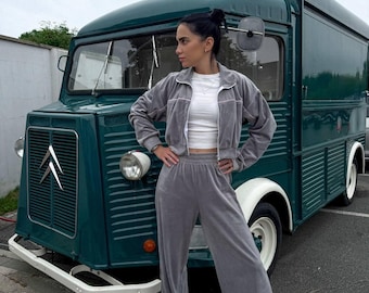Chándal de terciopelo de 2 piezas para mujer: conjunto deportivo para estar en casa con chaqueta con cremallera y pantalones de talle alto, ropa cómoda estilo años 2000, regalo para ella, hermana o amiga.